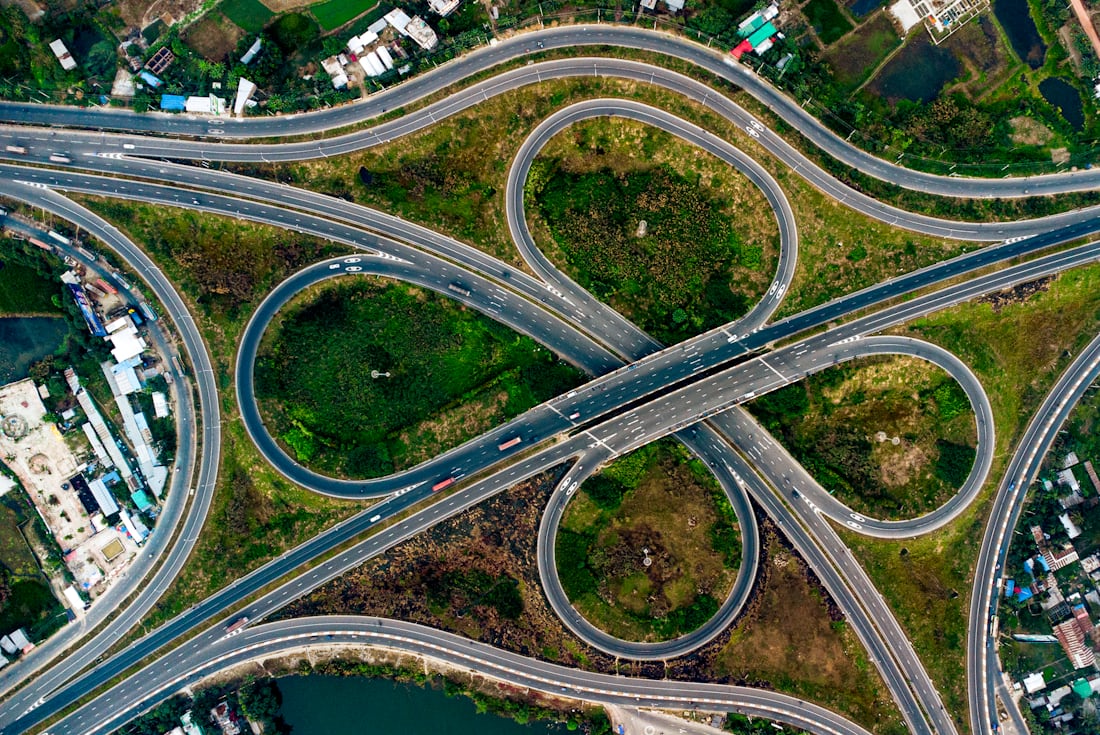 Aerial view of a multi-level highway interchange